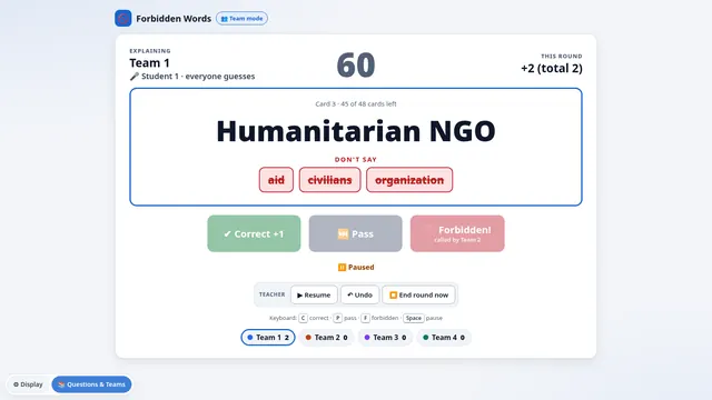Forbidden Words card for the term Humanitarian NGO, with three forbidden words, a timer and Correct, Pass and Forbidden buttons.
