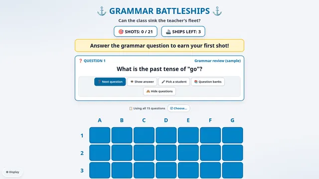 Grammar Battleships with a question card above a lettered and numbered grid.