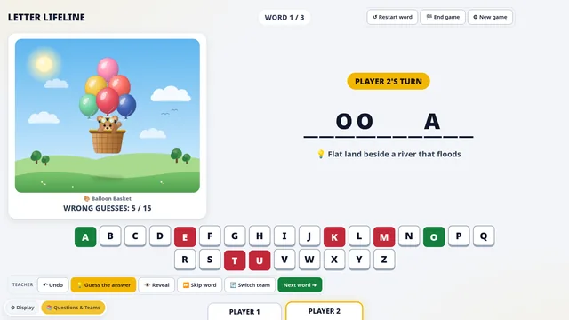 Letter Lifeline in play: a bear in a balloon basket losing balloons for each wrong guess, a partly revealed word and a clue line.