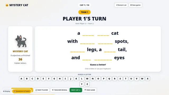 Mystery Cat puzzle showing a phrase with blank words and a letter keyboard.