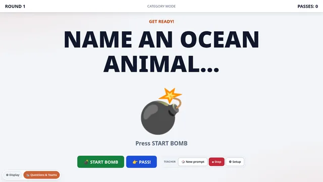 Pass the Bomb screen with a prompt in large letters and a cartoon bomb below it.
