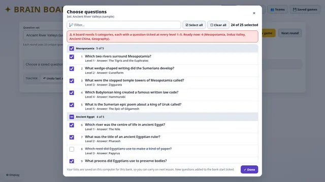 The question picker: a numbered list of questions with tick boxes, grouped by category, with Select all and Clear all buttons.