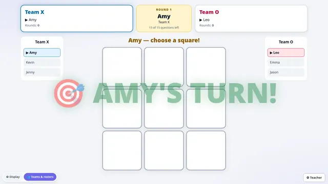 Quiz Tac Toe board with team names and player lists either side and a message saying it is Amy's turn.